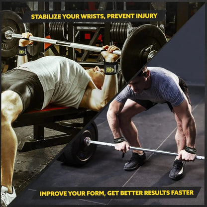 Athletes using Tribe Lifting heavy-duty wrist wraps and lifting straps during bench press and deadlift exercises to stabilize wrists, improve form, and support safer strength training.