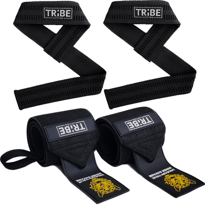 Black Tribe Lifting heavy-duty wrist wraps and lifting straps set with silicone grip, padding, and reinforced straps for weightlifting grip support and wrist stability.