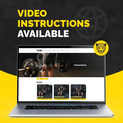 Laptop showing Tribe Lifting video instructions for heavy-duty wrist wraps and lifting straps, with online exercise guides for bench press, shoulder press, and strength training support.