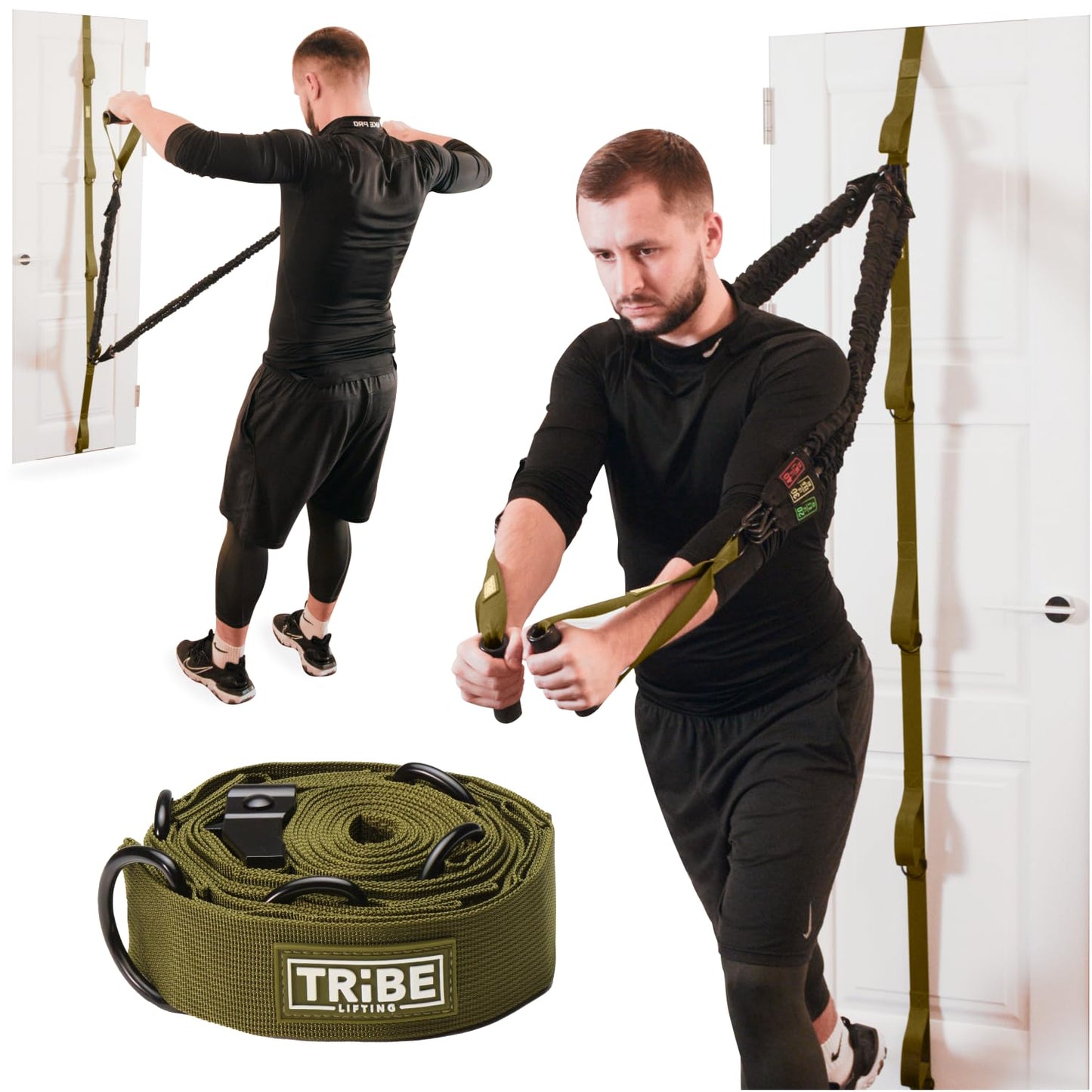 Man using the Tribe Lifting military door anchor for resistance bands during a home workout with the full anchor system shown