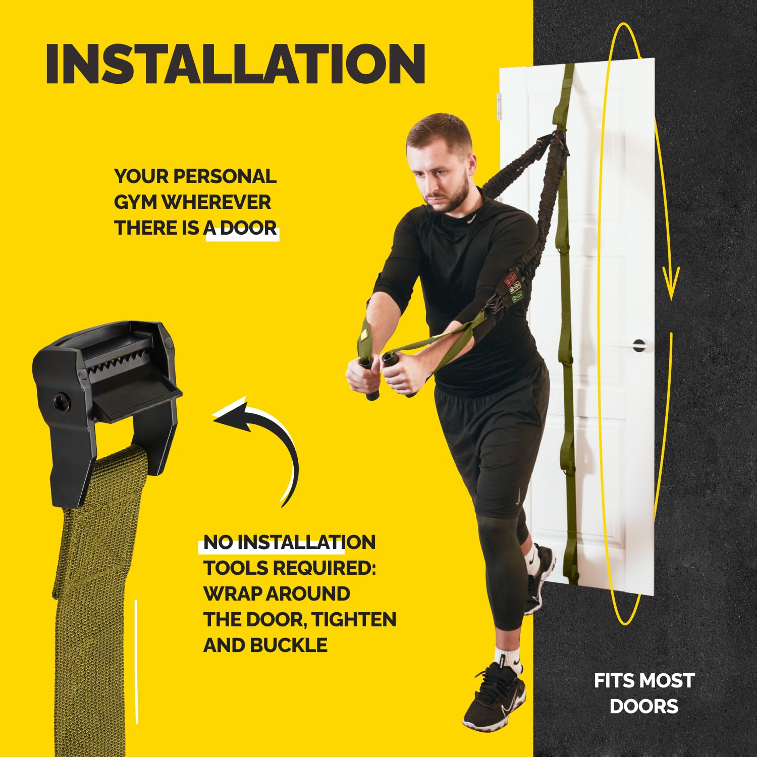 Military green Tribe Lifting door anchor for resistance bands installed on a door for home workouts with no tools required