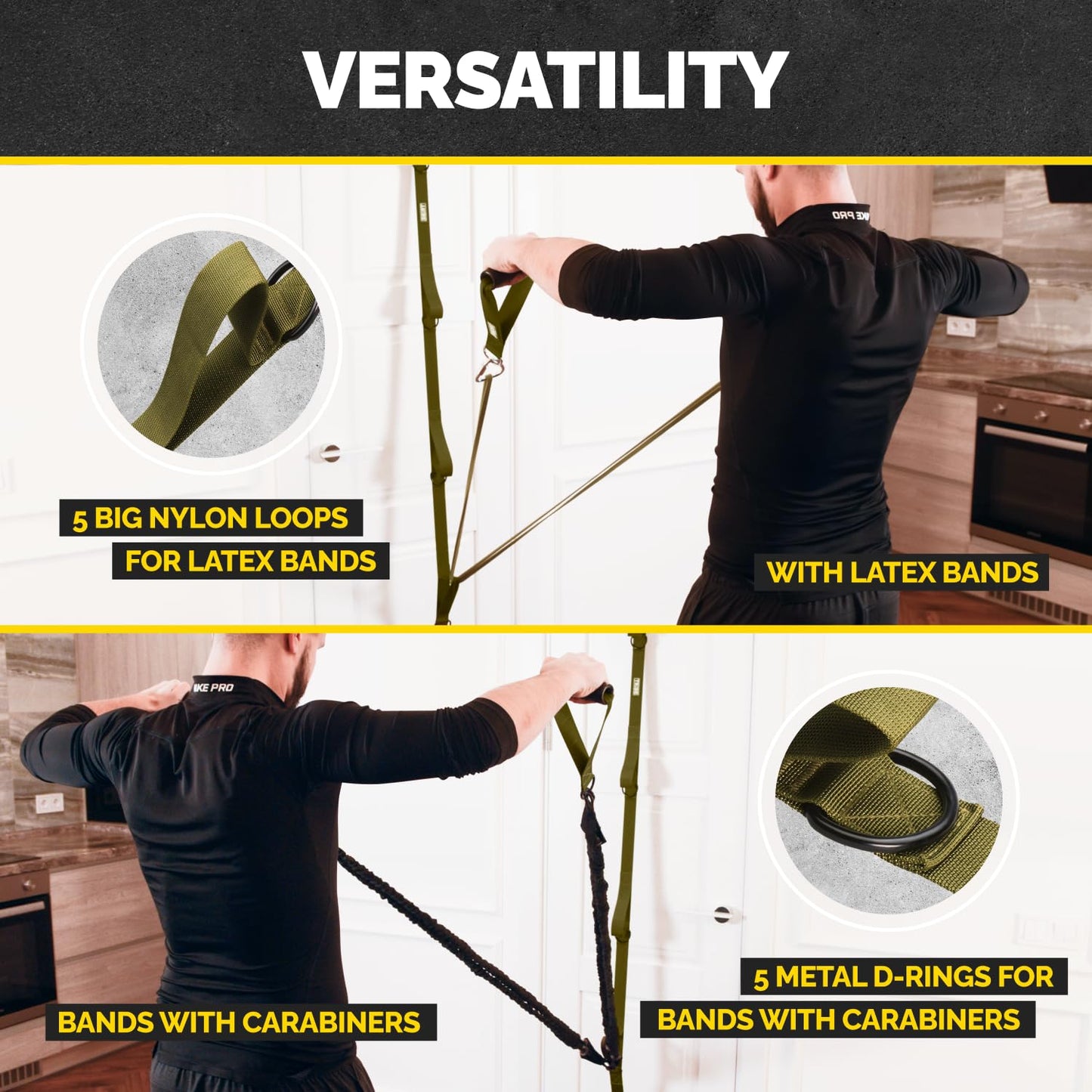 Military green Tribe Lifting door anchor for resistance bands showing compatibility with latex bands and bands with carabiners using nylon loops and metal D-rings
