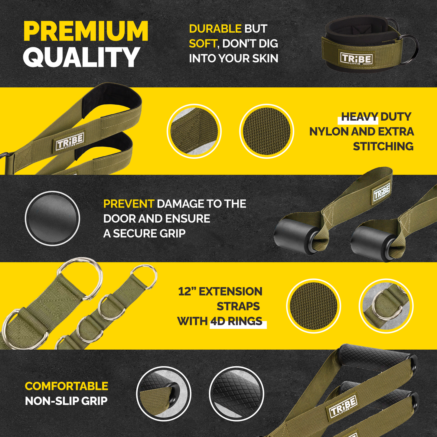 Military green Tribe Lifting accessories with padded ankle straps, door anchors, non-slip handles, and 12-inch extension straps with four D-rings.