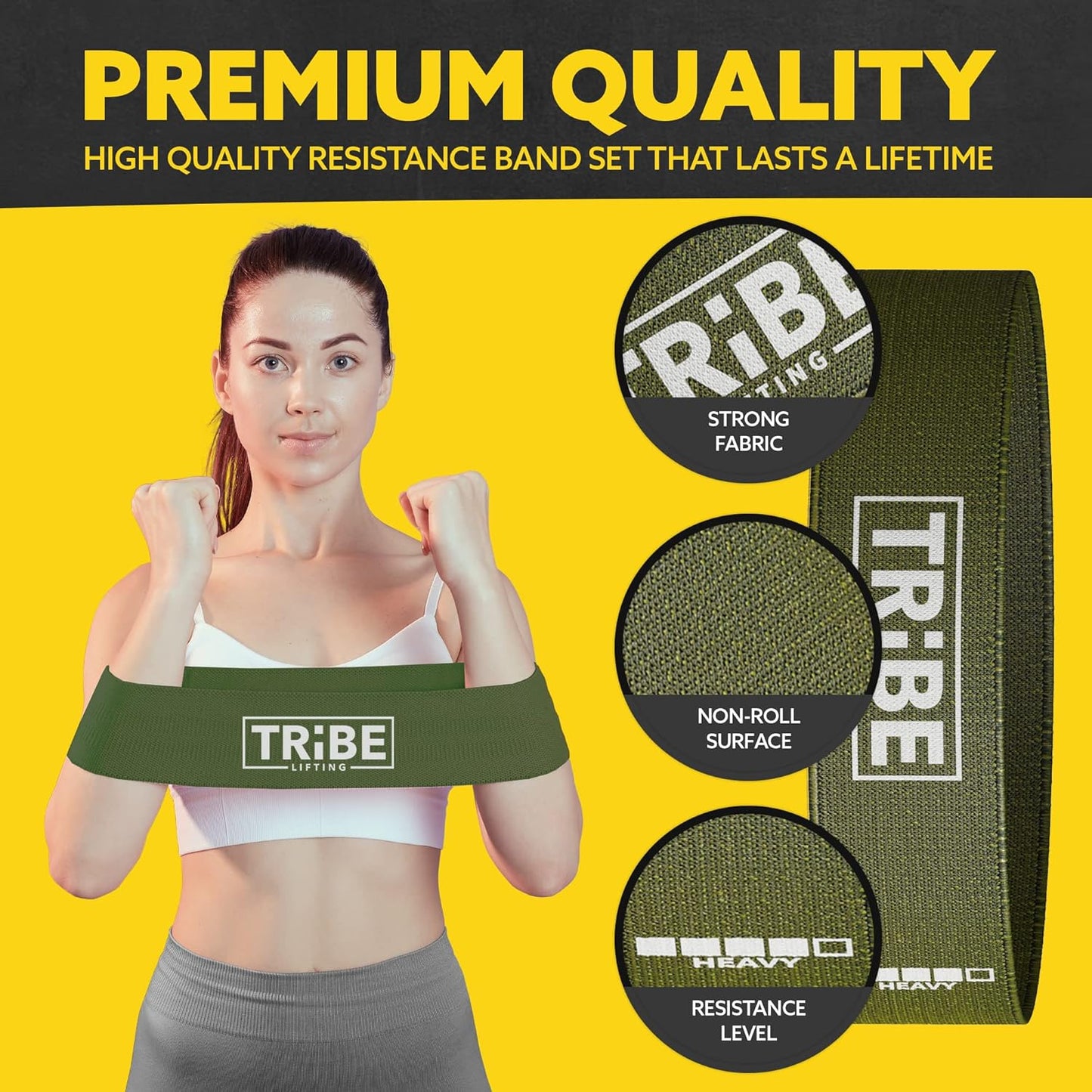 Military green fabric resistance band from the Tribe Lifting resistance bands set of 5 showing strong fabric and non-roll surface details