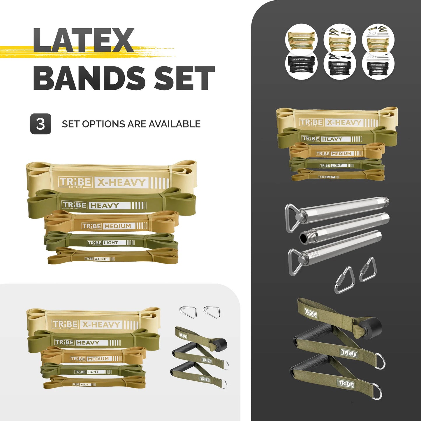 Military green Tribe Lifting latex bands set with five resistance bands, chrome workout bar, handles, carabiners, and door anchor attachments.