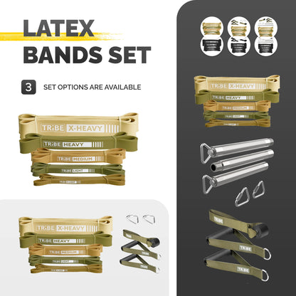 Military green Tribe Lifting latex bands set with five resistance bands, chrome workout bar, handles, carabiners, and door anchor attachments.