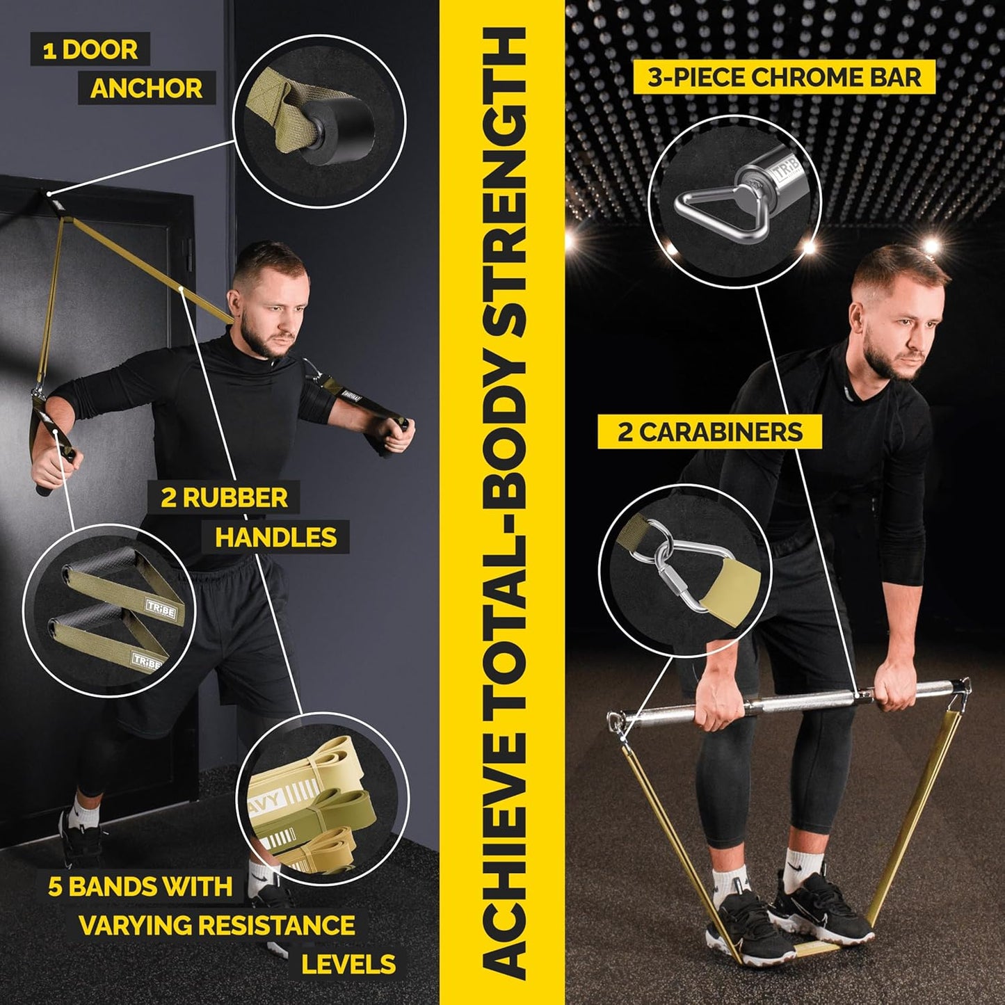 Military green Tribe Lifting latex bands set with door anchor, rubber handles, chrome bar, carabiners, and five bands for total-body strength training.