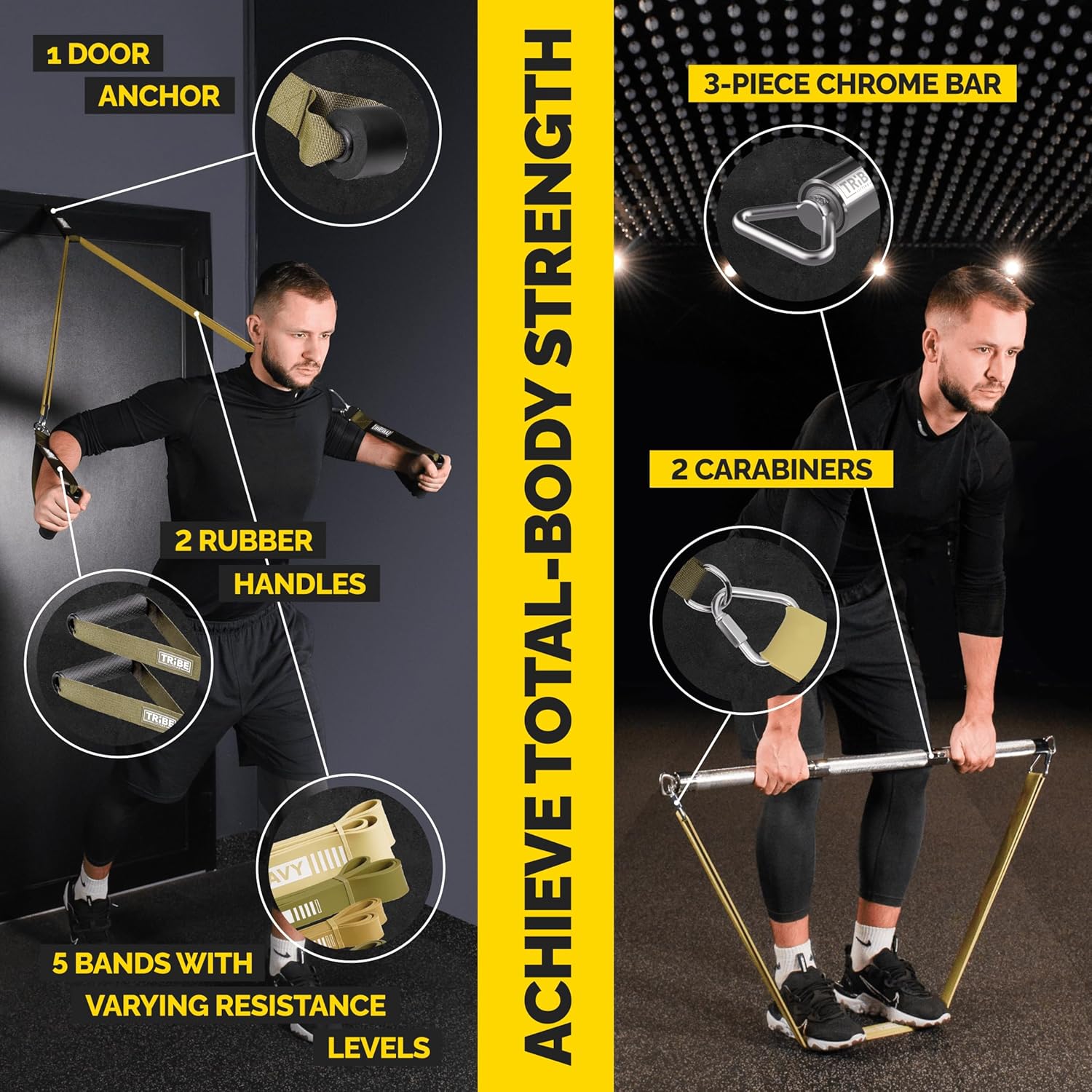 Military green Tribe Lifting latex bands set with door anchor, rubber handles, chrome bar, carabiners, and five bands for total-body strength training.