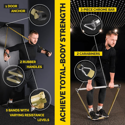 Military green Tribe Lifting latex bands set with door anchor, rubber handles, chrome bar, carabiners, and five bands for total-body strength training.