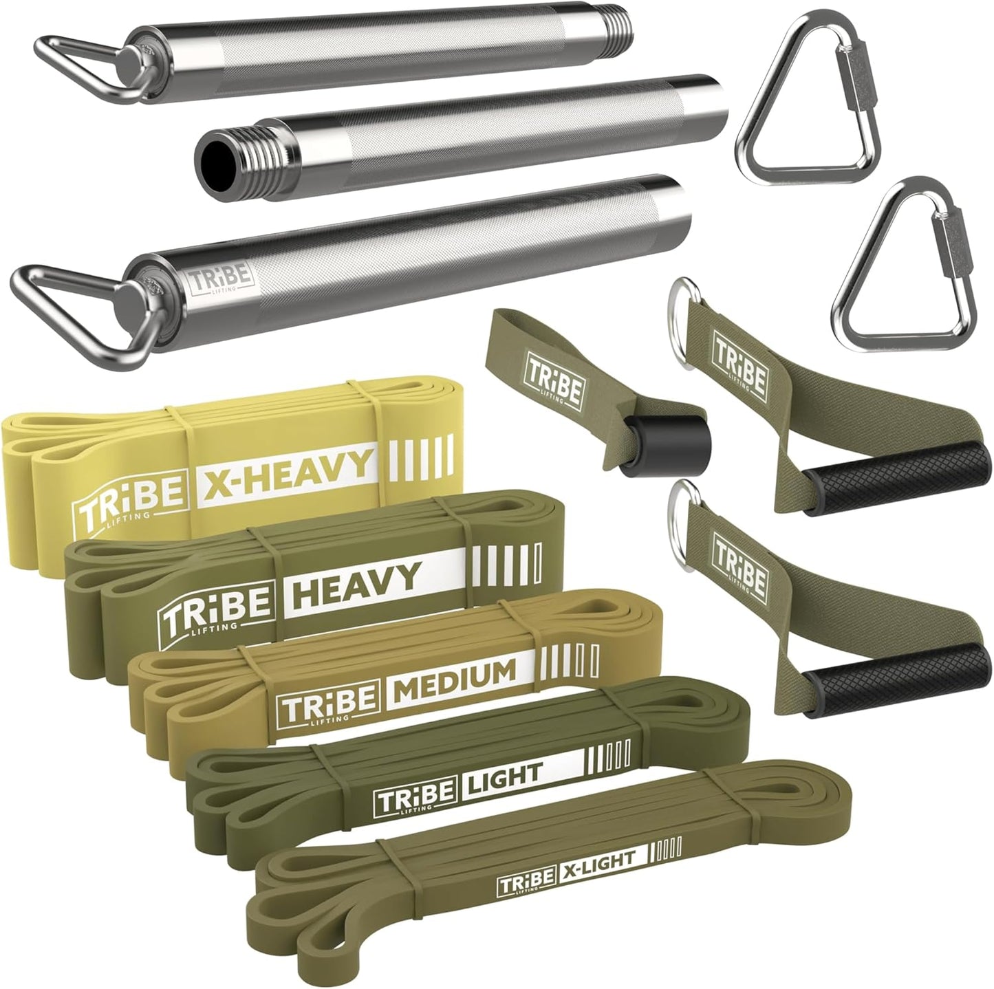 Military green Tribe Lifting latex resistance bands full accessory kit with chrome bar, carabiners, rubber handles, and five resistance levels.