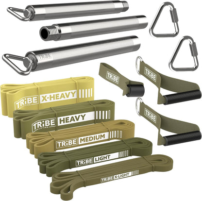 Military green Tribe Lifting latex resistance bands full accessory kit with chrome bar, carabiners, rubber handles, and five resistance levels.