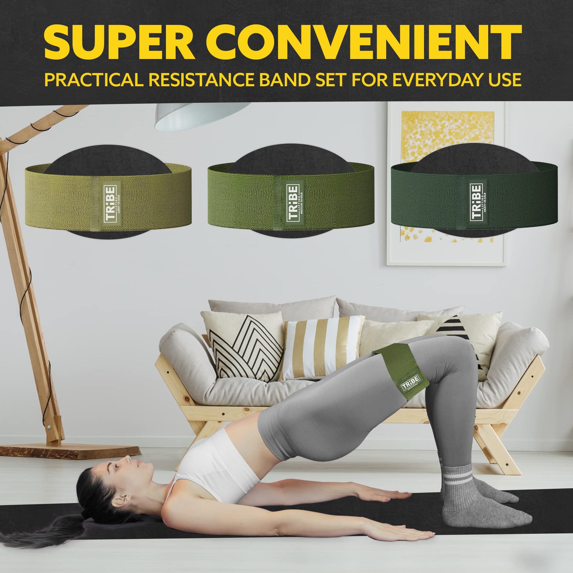 Woman demonstrating a glute bridge with the Tribe Lifting military green premium resistance bands set 3 during a home workout