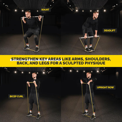 Military green Tribe Lifting resistance bands used for squat, deadlift, bicep curl, and upright row exercises to strengthen arms, shoulders, back, and legs.