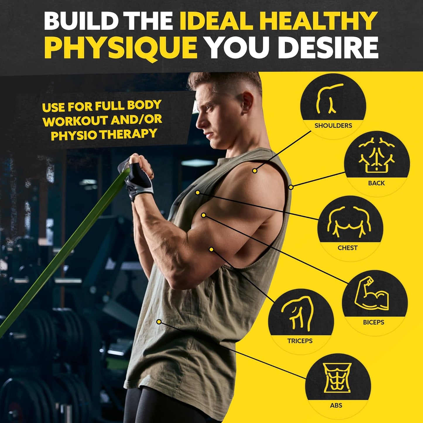 Military green Tribe Lifting resistance bands used for full-body workouts and physiotherapy targeting shoulders, back, chest, biceps, triceps, and abs.