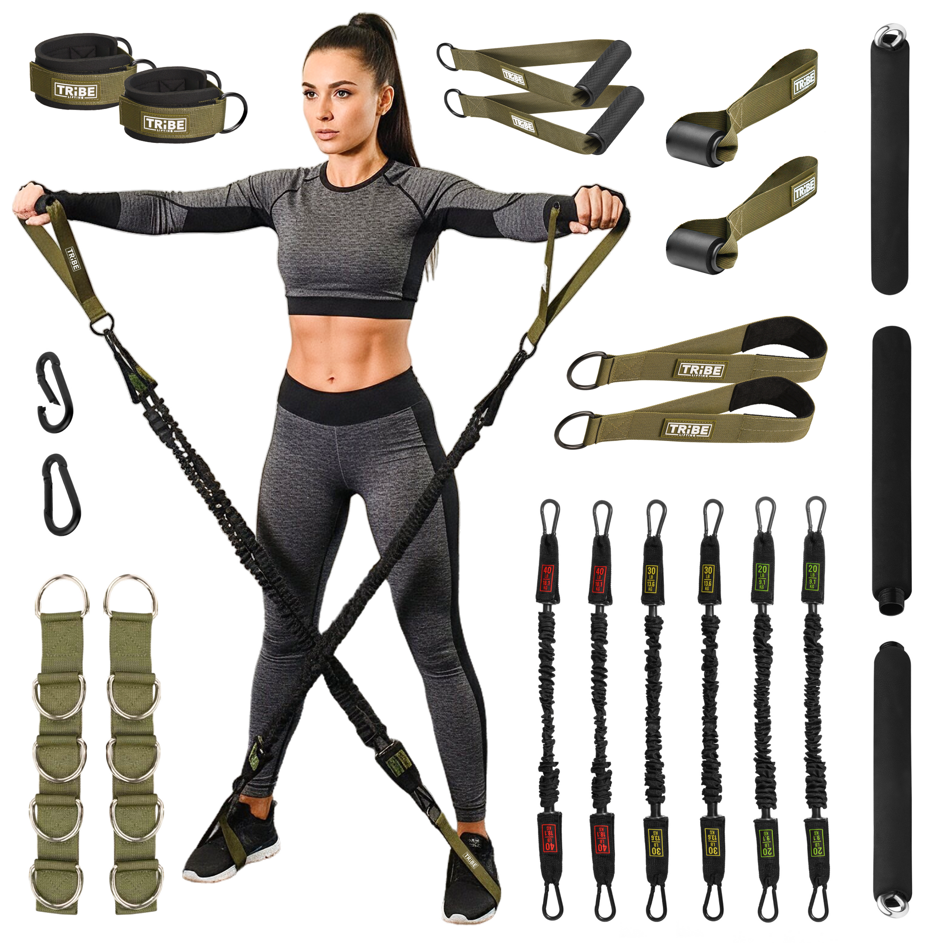 Woman using the Tribe Lifting military green tube resistance bands set with six stackable tubes, handles, padded bar, straps, and door anchors.