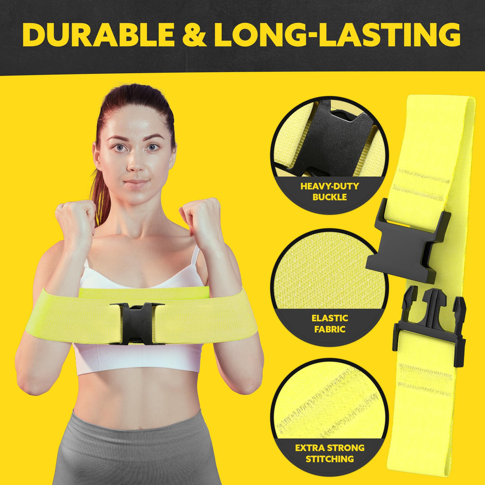 Tribe Lifting multicolor resistance bands with buckles showing heavy-duty buckle elastic fabric and extra strong stitching details