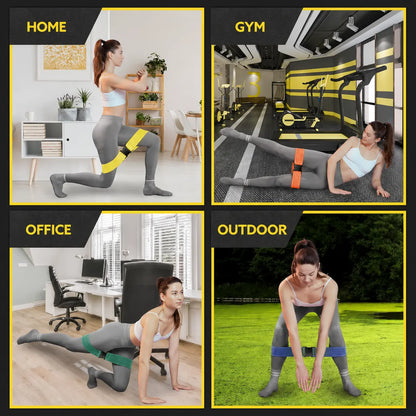 Four-panel collage showing a woman using Tribe Lifting multicolor resistance bands with buckles at home in the gym in the office and outdoors