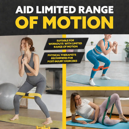 Collage showing women using Tribe Lifting multicolor resistance bands with buckles for limited range of motion exercises