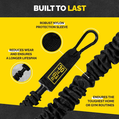 Close-up of the Tribe Lifting 30 lb nylon resistance band showing robust protection sleeve, durable covered tube design, and long-lasting construction for home or gym strength training routines.