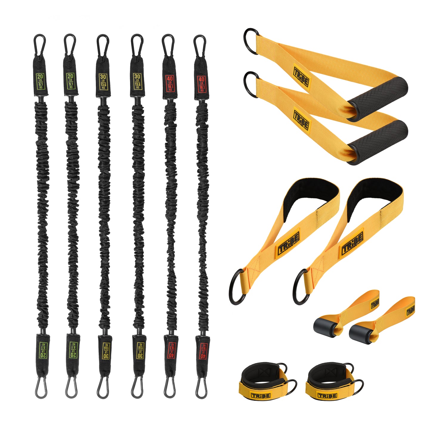 Tribe Lifting nylon resistance bands set with stackable tube bands, padded handles, ankle straps, door anchors, and foot strap attachments for full body home and gym strength training.