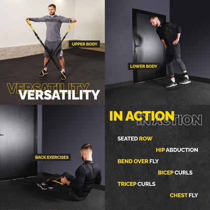 Man using the Tribe Lifting nylon resistance bands set for upper body, lower body, and back exercises, showing versatile workouts like seated rows, hip abduction, curls, and chest fly.