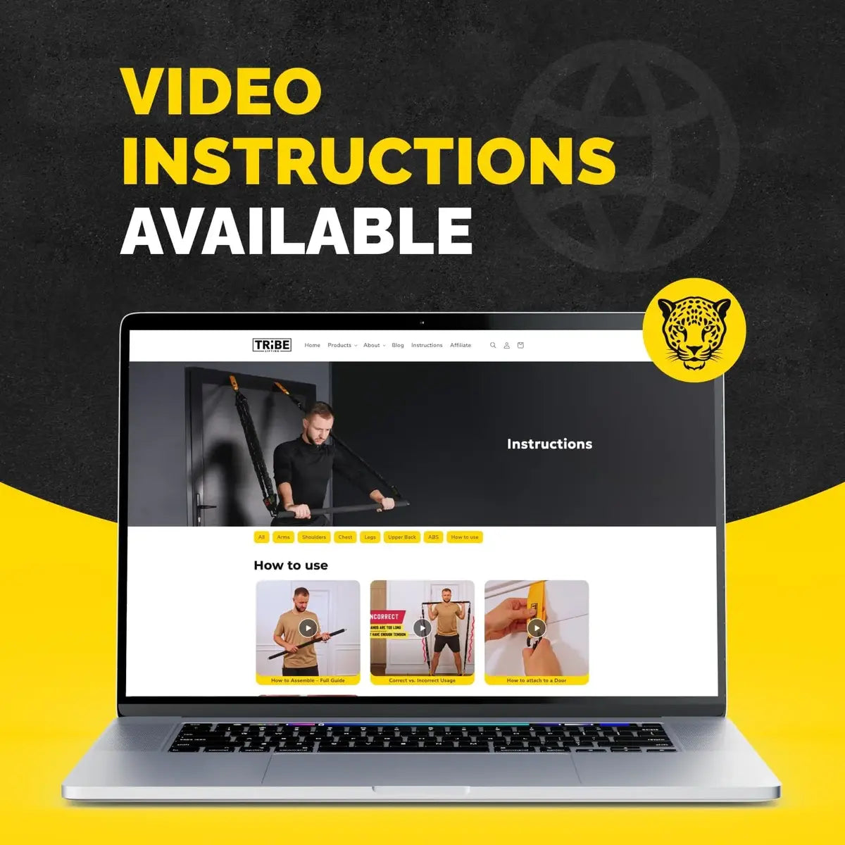 Laptop showing Tribe Lifting video instructions for the nylon resistance bands set, with online how-to guides for assembly, door attachment, correct usage, and full body strength training workouts.