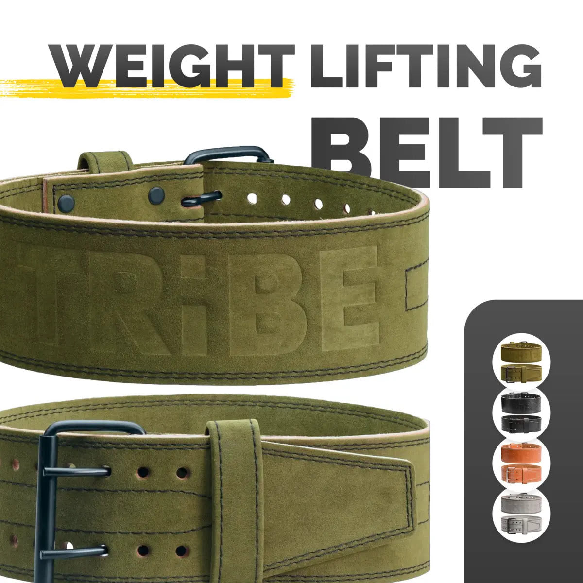 Olive Tribe Lifting 5mm genuine leather weight lifting belt with front and back views and color options shown