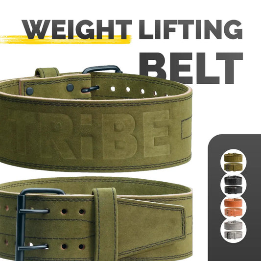 Olive Tribe Lifting 5mm genuine leather weight lifting belt with front and back views and color options shown