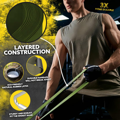 Olive green Tribe Lifting resistance band showing layered construction, natural rubber latex, durable handles, and sturdy attachment hook for strength workouts.