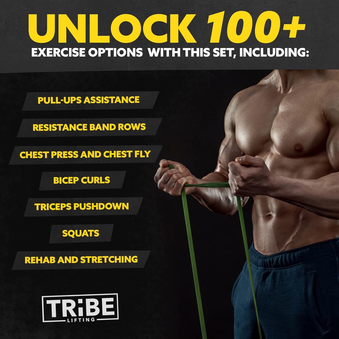 Olive green Tribe Lifting resistance bands unlock 100 plus exercise options including pull-up assistance, rows, chest press, bicep curls, squats, and stretching.