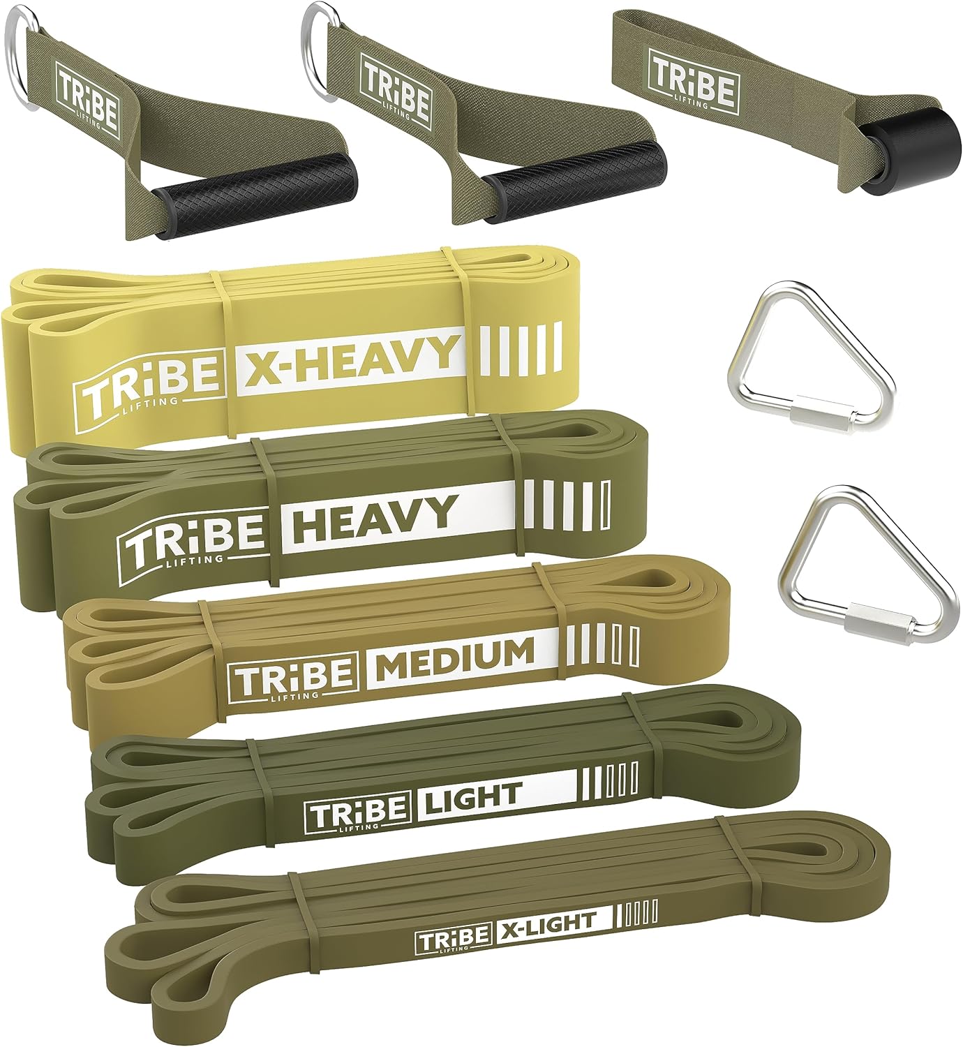 Olive green Tribe Lifting resistance bands set with five loop bands, rubber handles, door anchor, and attachment hooks for home strength training.