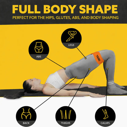 Woman demonstrating a glute bridge with the orange light fabric resistance band from the Tribe Lifting resistance bands set of 5 with target areas highlighted