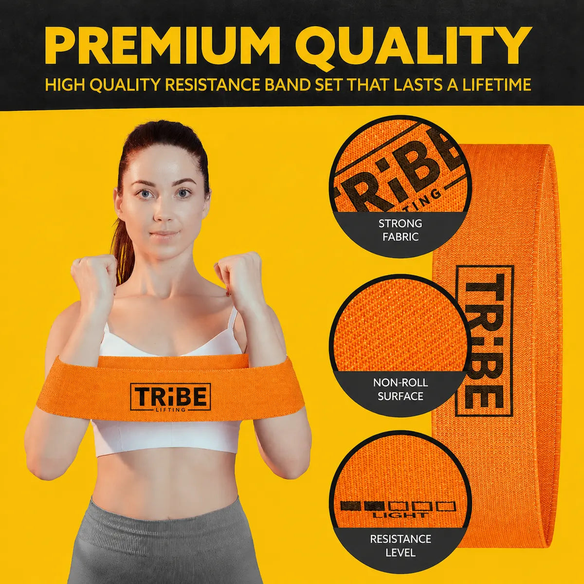 Orange light fabric resistance band from the Tribe Lifting resistance bands set of 5 showing strong fabric and non-roll surface details