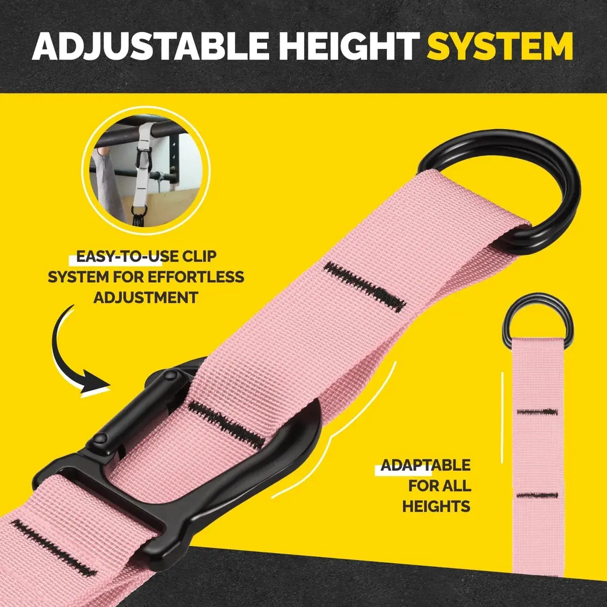 Pink Tribe Lifting pull-up assistance strap with adjustable height system, easy-to-use clip, black metal rings, and adaptable fit for different user heights.