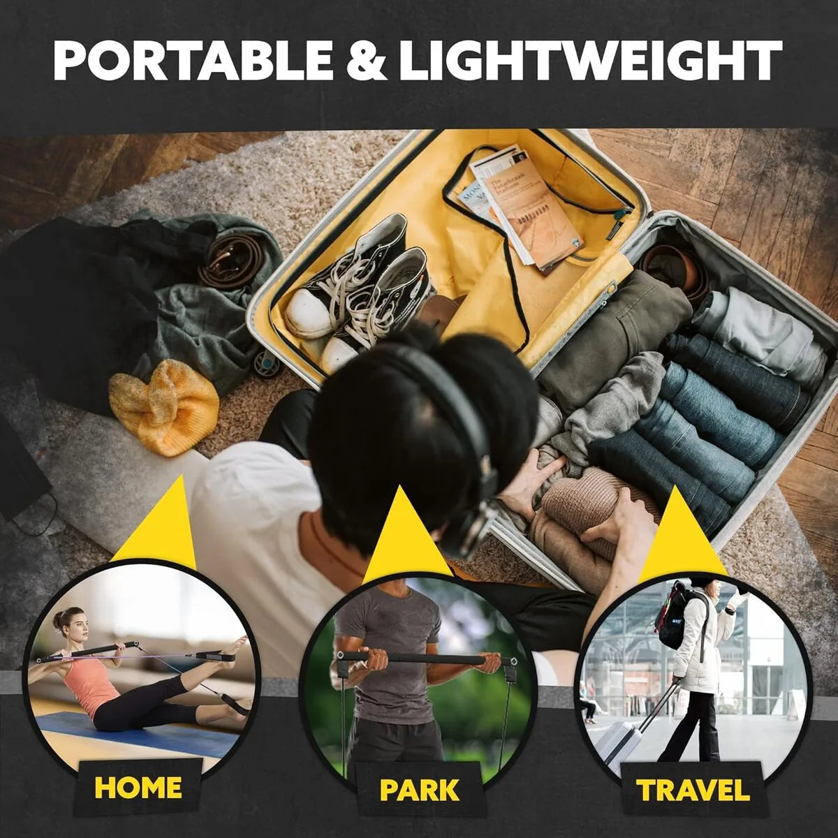 Tribe Lifting portable lightweight black foam resistance band bar shown with travel bag and workout examples for home, park, and travel resistance band training.