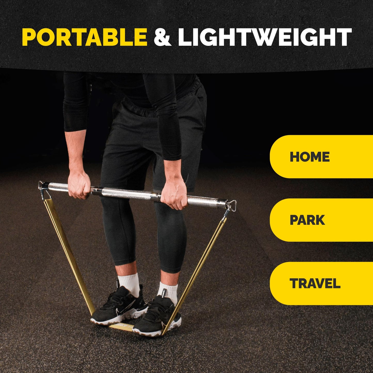 Man using the Tribe Lifting portable lightweight steel resistance band bar for resistance band training, designed for workouts at home, in the park, or while traveling.