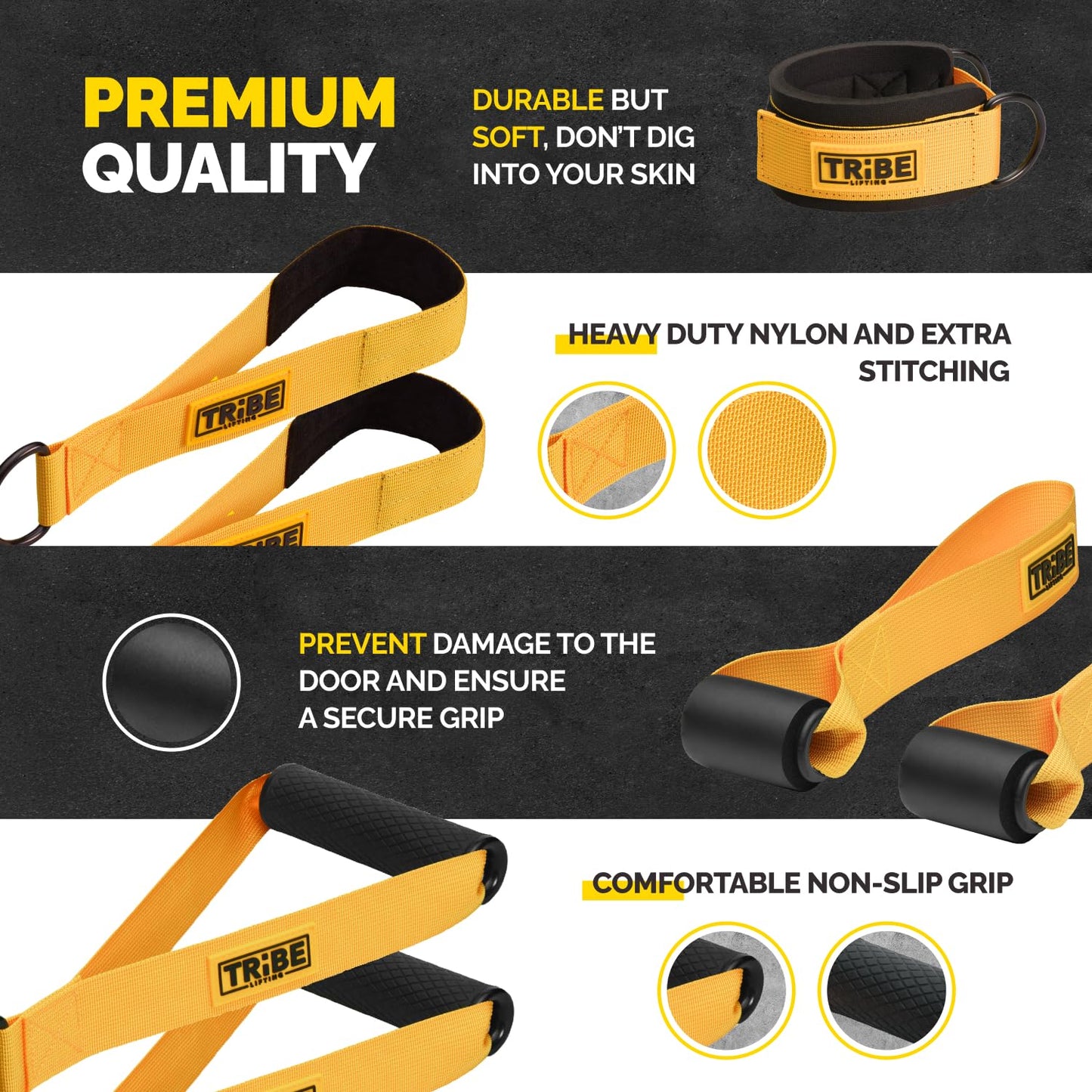 Tribe Lifting premium quality nylon resistance bands set showing heavy-duty nylon, extra stitching, soft ankle straps, door anchors, and comfortable non-slip grip attachments for home strength training.