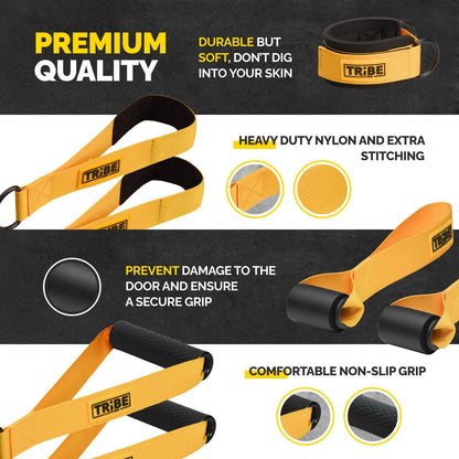 Tribe Lifting premium quality nylon resistance bands set showing heavy-duty nylon, extra stitching, soft ankle straps, door anchors, and comfortable non-slip grip attachments for home strength training.