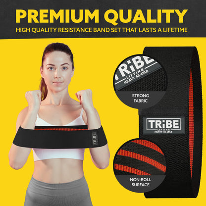 Heavy resistance band from the Tribe Lifting premium resistance bands set 3 showing strong fabric and non-roll surface details