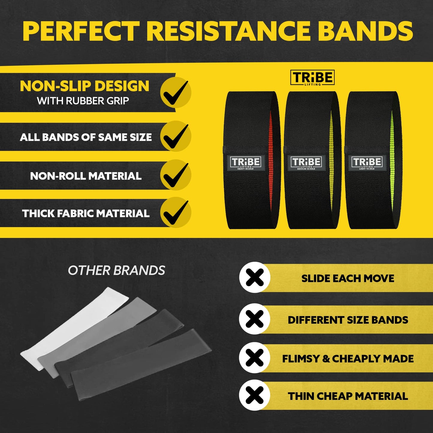 Comparison chart showing the features of Tribe Lifting premium resistance bands set 3 versus other brands