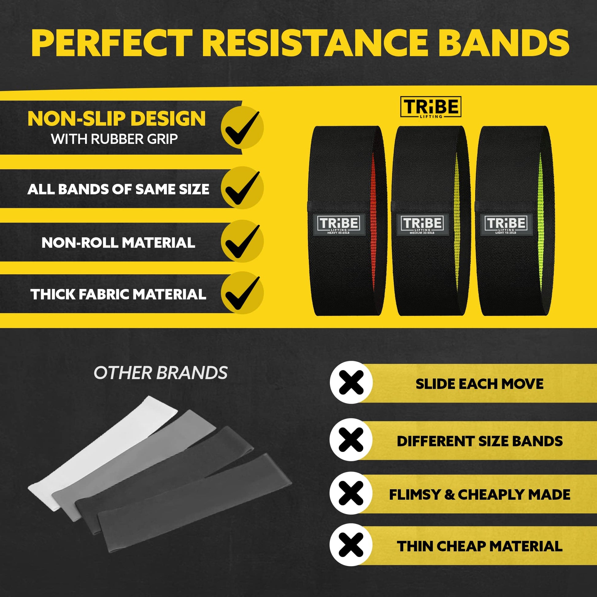 Comparison chart showing the features of Tribe Lifting premium resistance bands set 3 versus other brands