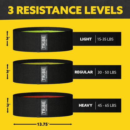 Resistance level chart for the Tribe Lifting premium resistance bands set 3 showing light regular and heavy resistance levels with 13.75 x 3 inch size