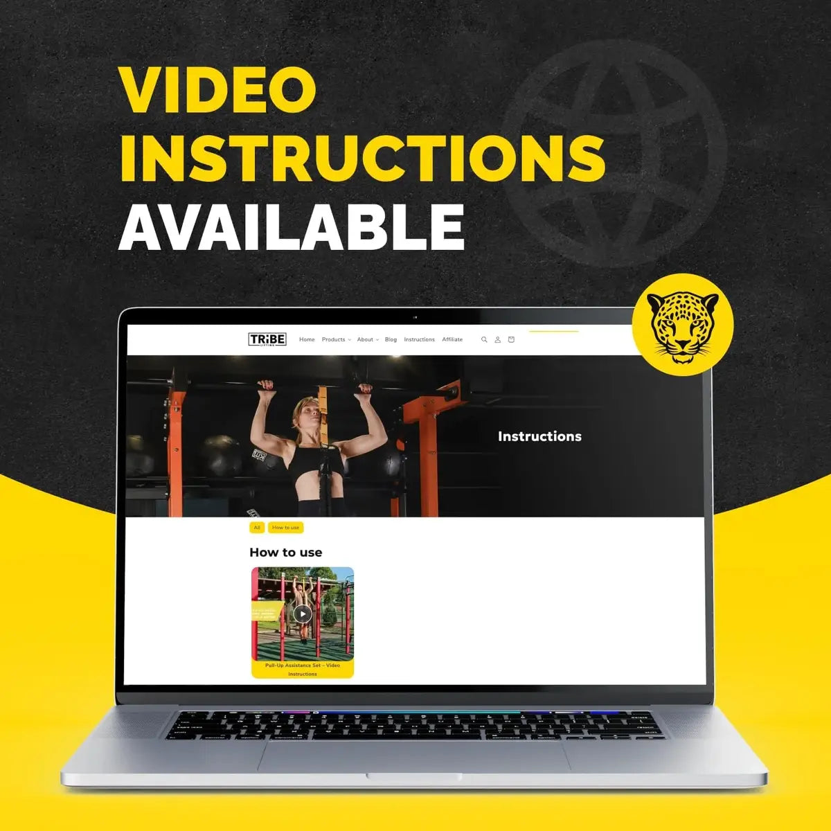 Laptop screen showing Tribe Lifting video instructions for the pull-up assistance set, including setup guidance for assisted pull-up training.