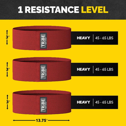 Heavy resistance chart for the Tribe Lifting red premium resistance band showing 45 to 65 lbs resistance and 13.75 x 3 inch size