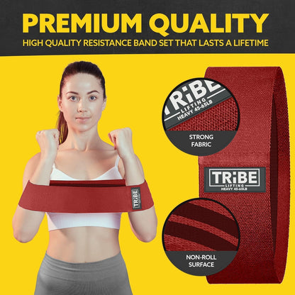 Heavy resistance band from the Tribe Lifting red premium resistance band collection showing strong fabric and non-roll surface details