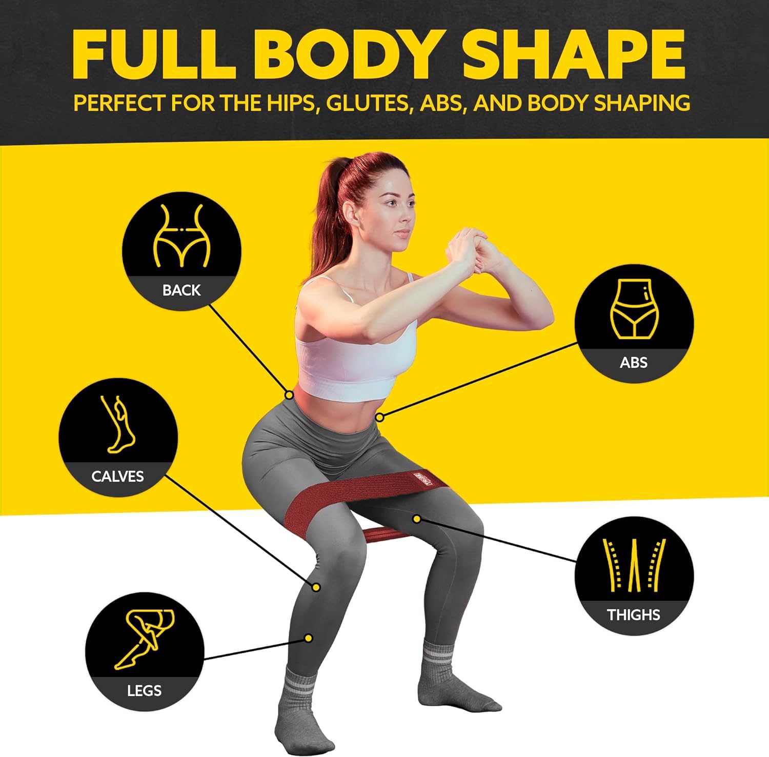 Woman demonstrating a squat with the Tribe Lifting red premium heavy resistance band with target areas highlighted