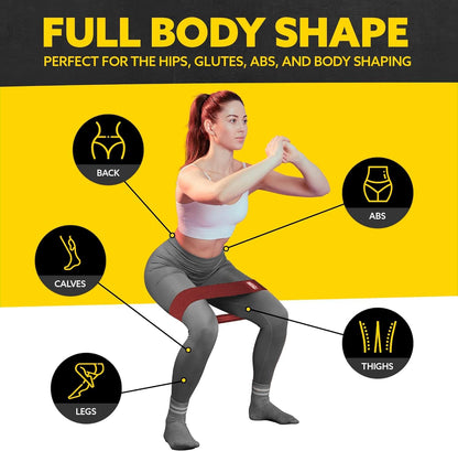 Woman demonstrating a squat with the Tribe Lifting red premium heavy resistance band with target areas highlighted