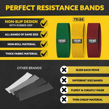 Comparison chart showing the features of Tribe Lifting red yellow and green premium resistance bands set 3 versus other brands