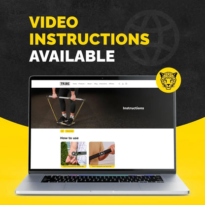 Laptop showing Tribe Lifting video instructions for the steel resistance band bar, with online how-to guides for setup, assembly, and workout use.