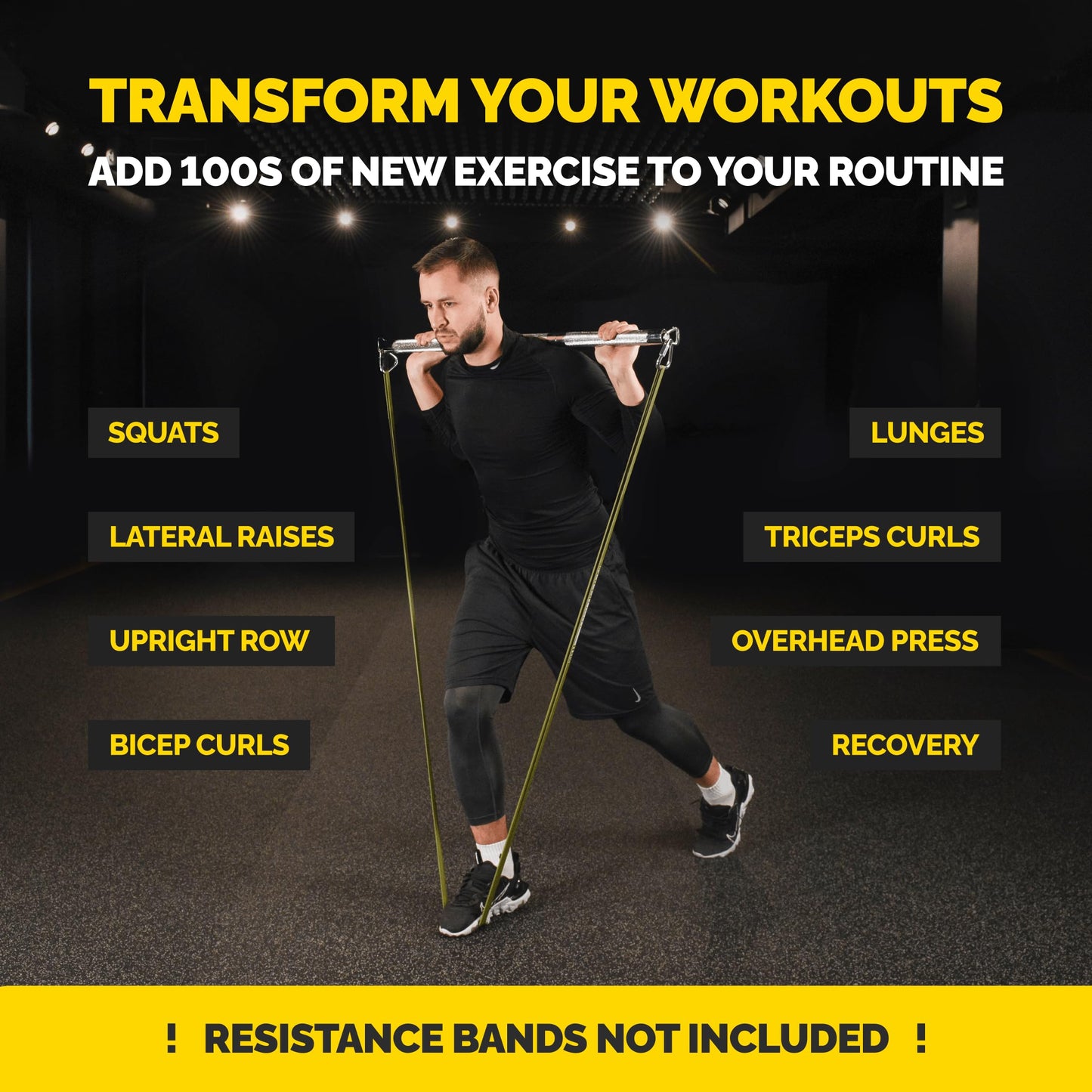 Man using the Tribe Lifting steel resistance band bar for squats and lunges, showing versatile workout options like curls, lateral raises, upright rows, overhead press, and recovery exercises.